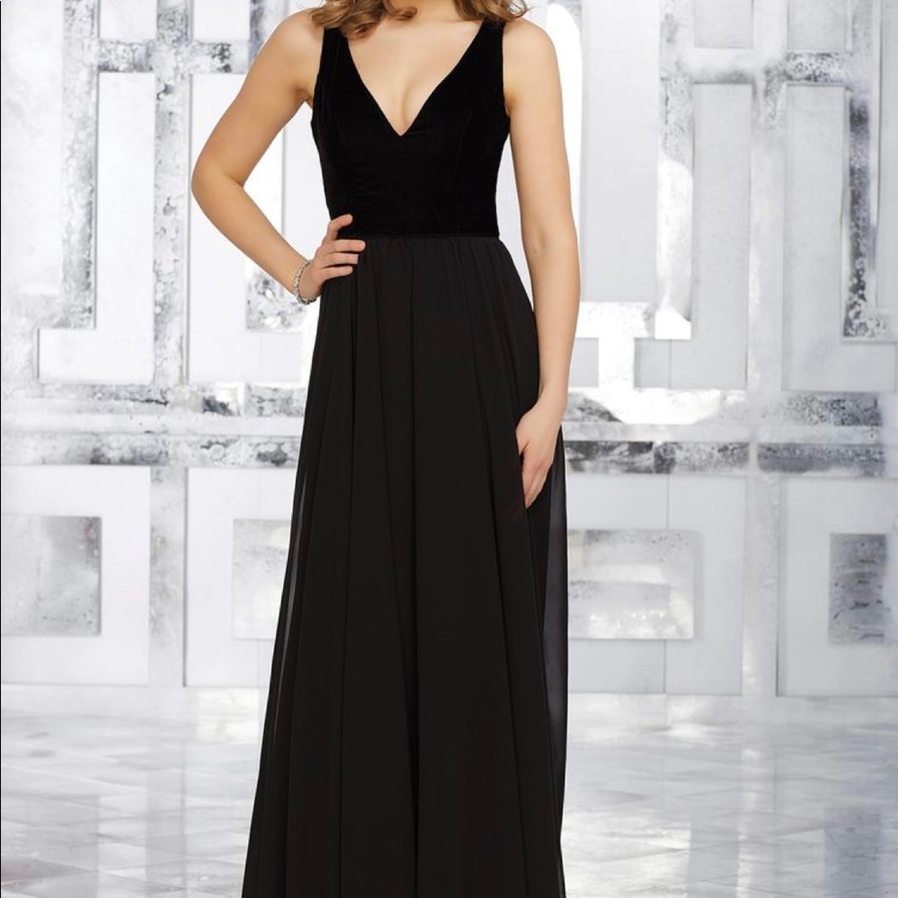 Mori Lee Stretch Velvet and Chiffon Gown Black
